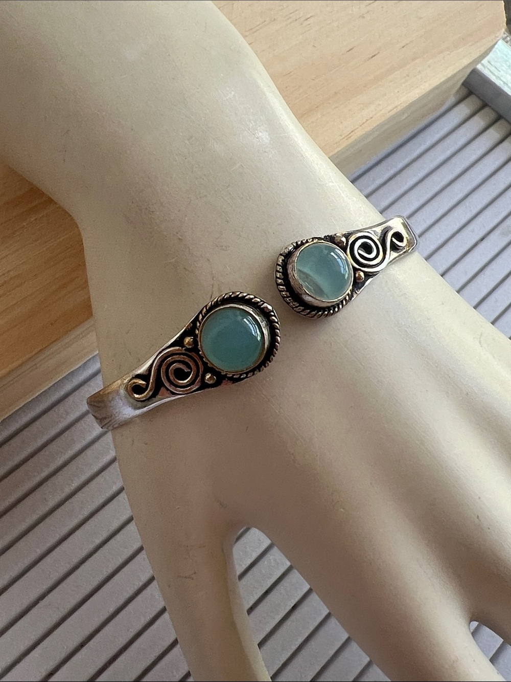 Sterling Silver Open Cuff Bracelet with Aqua Blue Stone